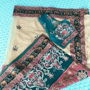 Teal and Cream Embroidered Women’s Saree with Pink Accents
